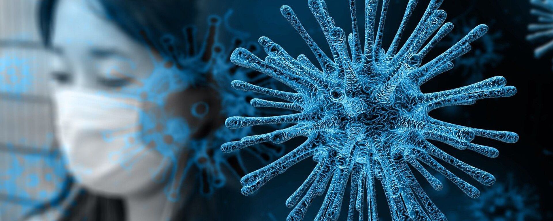 Cô gái đeo mặt nạ trên nền virus coronavirus - Sputnik Việt Nam, 1920, 26.01.2022