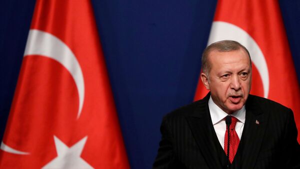Tổng thống Thổ Nhĩ Kỳ Recep Tayyip Erdogan tham dự cuộc họp báo với Thủ tướng Hungary Viktor Orban (không ảnh) tại Budapest, Hungary ngày 7 tháng 11 năm 2019. REUTERS / Bernadett Szabo / File Photo - Sputnik Việt Nam