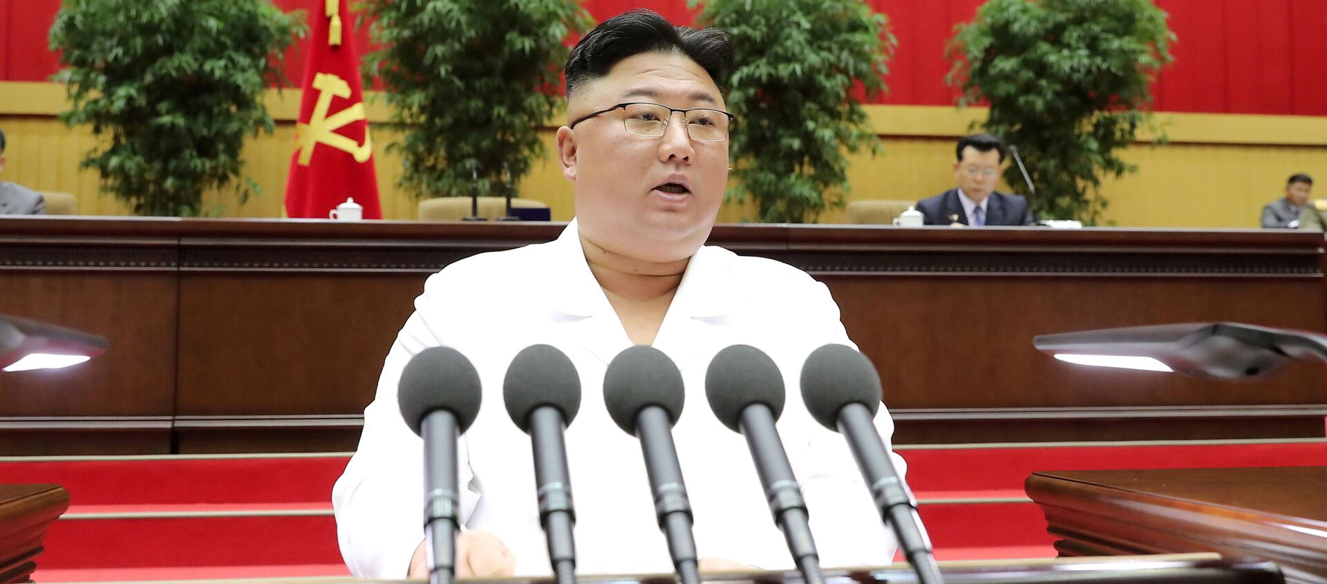 Nhà lãnh đạo Triều Tiên Kim Jong Un phát biểu trước hội nghị các bí thư chi bộ của Đảng Công nhân cầm quyền ở Bình Nhưỡng, trong bức ảnh không ghi ngày tháng được hãng thông tấn trung ương Triều Tiên (KCNA) công bố ngày 7/4/2021. - Sputnik Việt Nam, 1920, 23.09.2021