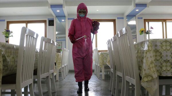 Khử trùng căng tin tại một nhà máy sản xuất kem đánh răng ở Triều Tiên - Sputnik Việt Nam