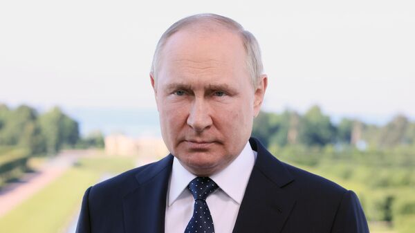Tổng thống Liên bang Nga Vladimir Putin chào mừng các đại biểu tham dự phiên họp toàn thể của Diễn đàn Pháp lý Quốc tế X St.Petersburg - Sputnik Việt Nam
