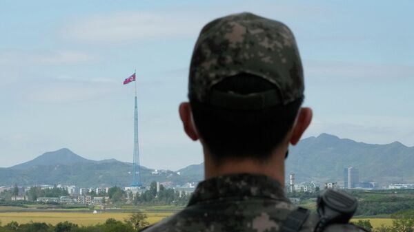 Người lính quân đội Hàn Quốc và cờ CHDCND Triều Tiên ở Paju - Sputnik Việt Nam