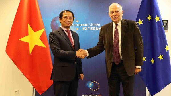 Bộ trưởng Ngoại giao Bùi Thanh Sơn và Đại diện cấp cao EU về chính sách an ninh và đối ngoại, Phó Chủ tịch Ủy ban châu Âu Josep Borrell. - Sputnik Việt Nam