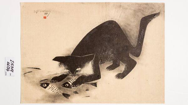 Ngô Đình Thưởng (1934 - 2000?). Mèo đen. Việt Nam, năm 1989. Chất liệu giấy, khắc gỗ
 - Sputnik Việt Nam