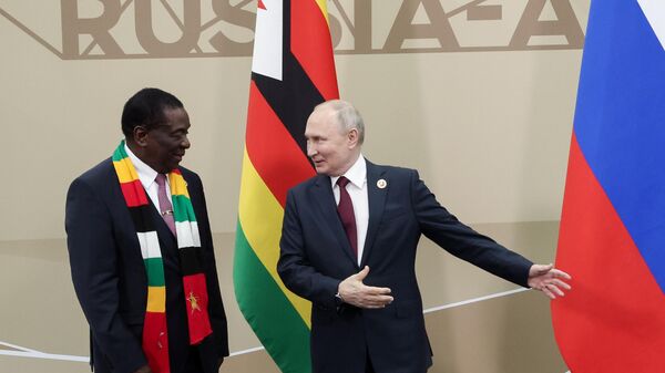 Tổng thống Nga Vladimir Putin và Tổng thống Cộng hòa Zimbabwe Emmerson Mnangagwa trong cuộc gặp bên lề Diễn đàn và Hội nghị thượng đỉnh Nga-Châu Phi lần thứ 2 tại St. Petersburg - Sputnik Việt Nam