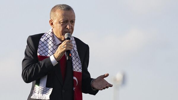 Tổng thống Thổ Nhĩ Kỳ Recep Tayyip Erdogan phát biểu tại cuộc mít tinh ủng hộ Palestine ở Istanbul - Sputnik Việt Nam