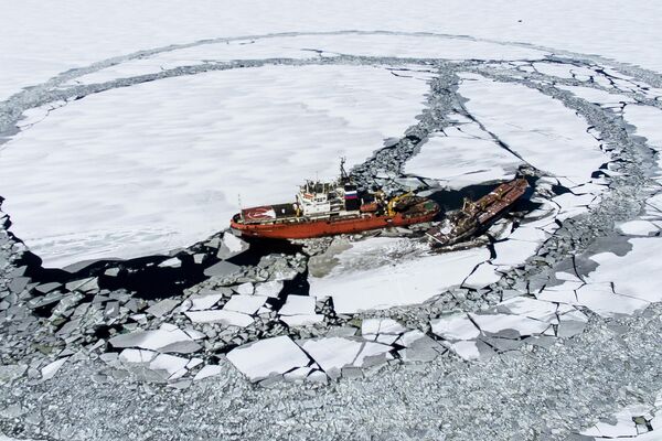 Tàu kéo cứu hộ «Fotiy Krylov» thi hành công việc phá băng để tiếp tục kéo con tàu gặp nạn bị bỏ rơi ở vùng biển Vịnh Amur - Sputnik Việt Nam