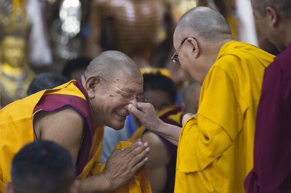 Lãnh đạo tinh thần Tây Tạng Đạt Lai Lạt Ma tinh nghịch nhéo mũi của một tu sĩ trong lần gặp gỡ với giới trẻ Tây Tạng ở Dharmsale, Ấn Độ - Sputnik Việt Nam