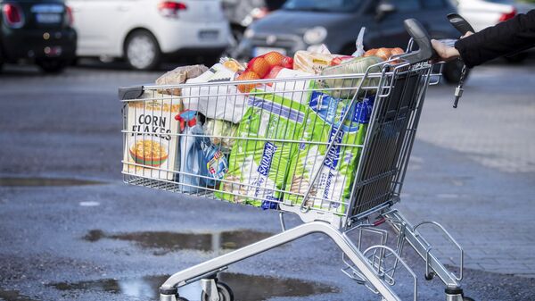 Khách hàng với chiếc xe đẩy chất đầy ắp thực phẩm ở siêu thị Đức - Sputnik Việt Nam